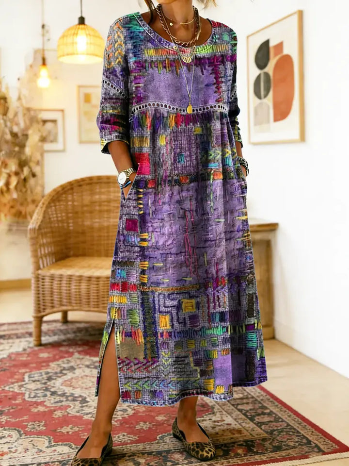 Boho chic women's patchwork denim dress with ethnic patterns & lace trim, perfect for casual summer style.