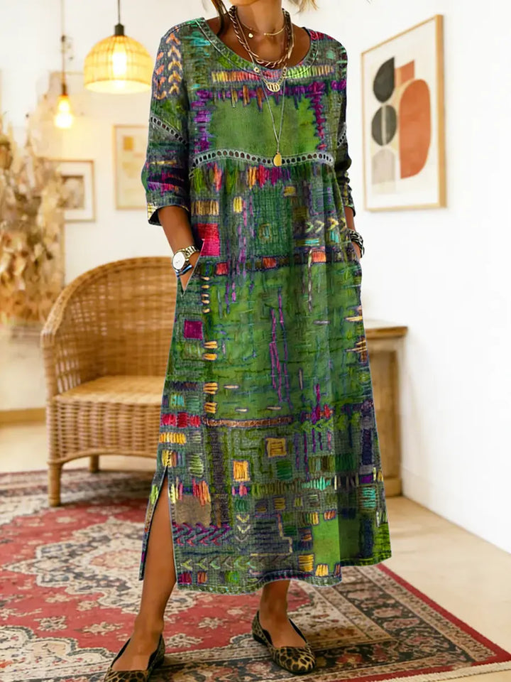 Versatile women's ethnic patchwork denim dress, ideal for everyday wear, flowy boho summer style.