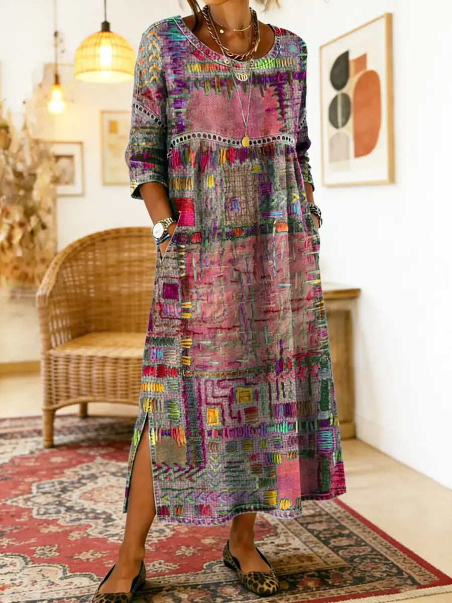 Unique women's patchwork denim dress, ethnic design, relaxed fit for a distinctive boho chic look.