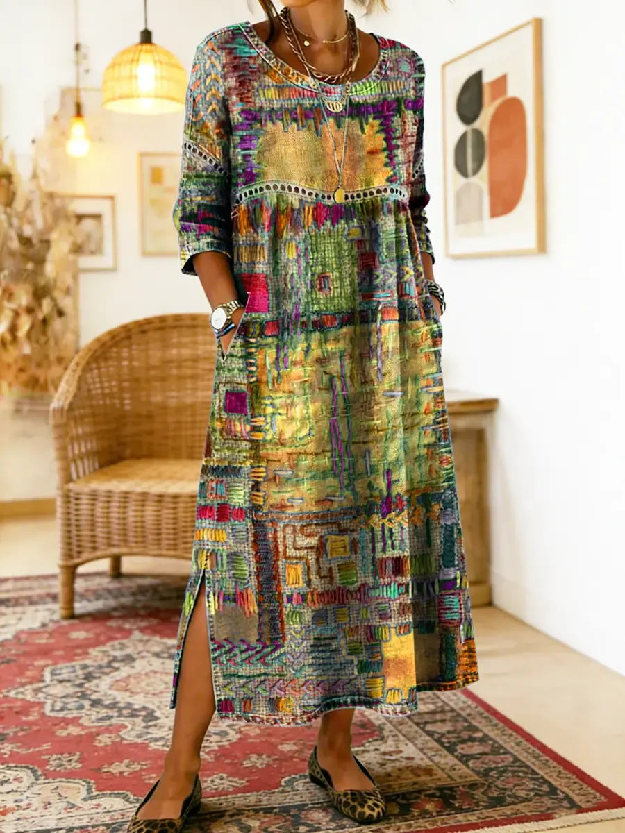 Casual women's denim patchwork dress, ethnic bohemian style with comfortable, flowy design.