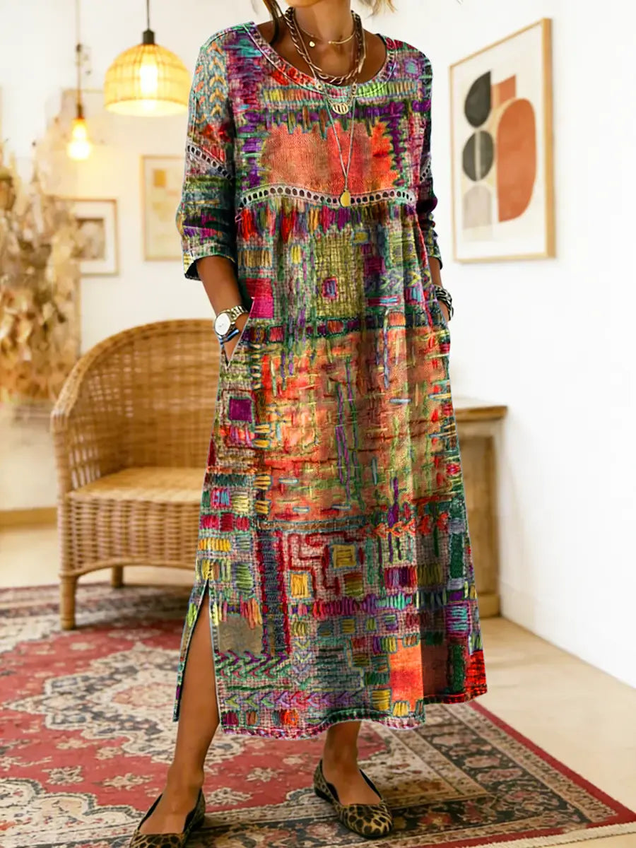Relaxed fit women's ethnic patchwork denim dress, boho chic, perfect as a versatile summer casual dress.