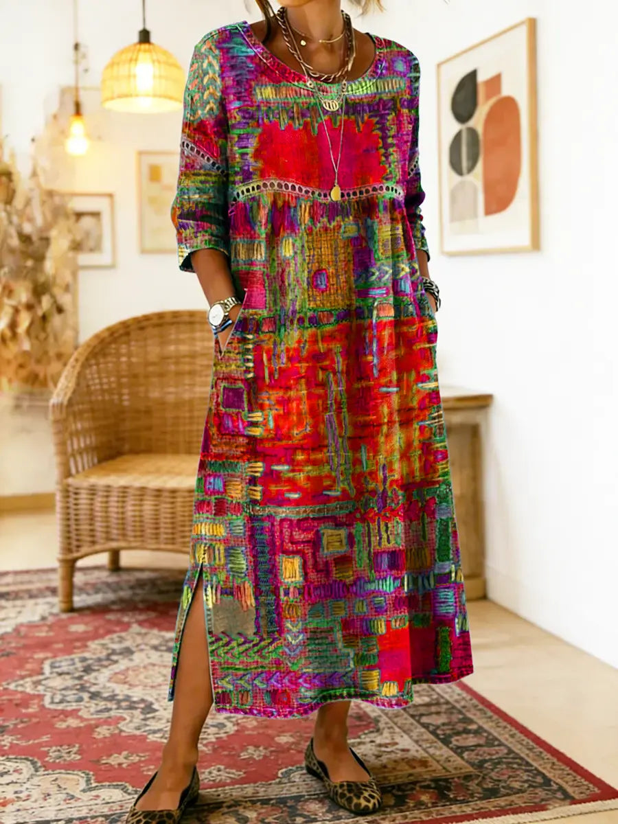 Chic women's ethnic patchwork denim dress, bohemian style with unique patterns for everyday wear.