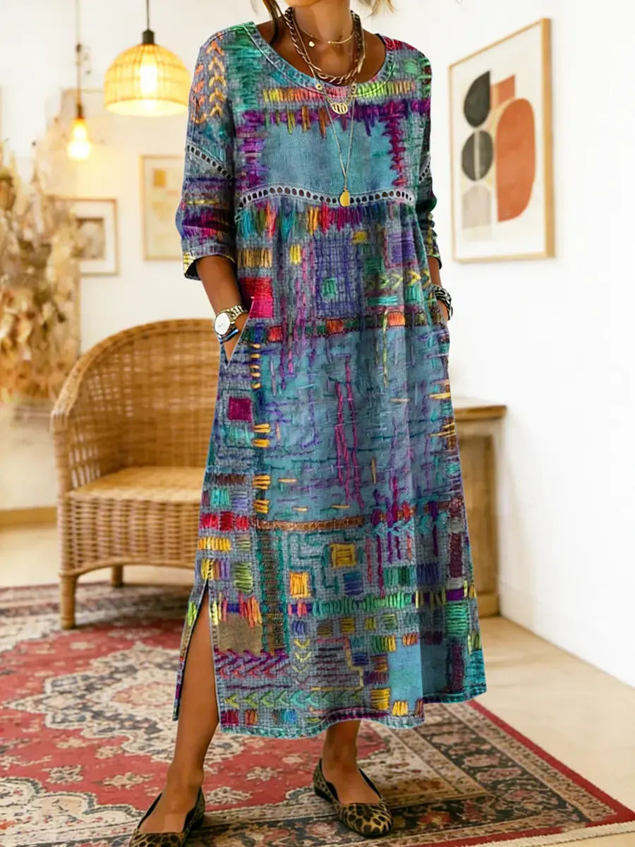 Women's denim dress, ethnic patchwork, boho chic, with lace trim, ideal for casual summer style.