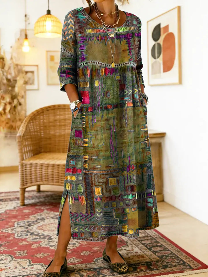 Flowy women's ethnic patchwork denim dress, features unique patterns and a relaxed, bohemian fit.