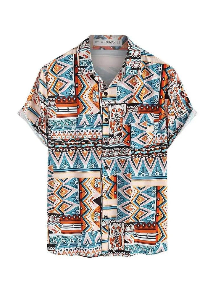 Women's ethnic print summer shirt with short sleeves & chest pocket, perfect for casual wear.