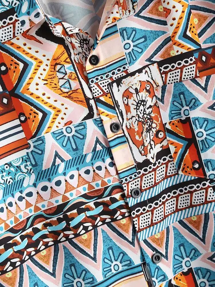 Vibrant Nova women's ethnic print top with short sleeves and a practical chest pocket.