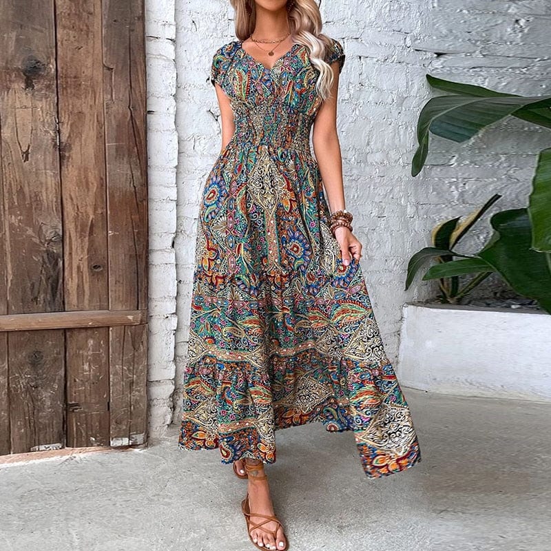 Boho V-neck long dress for women. Stylish ethnic print & comfortable flowy fabric. Perfect for summer.