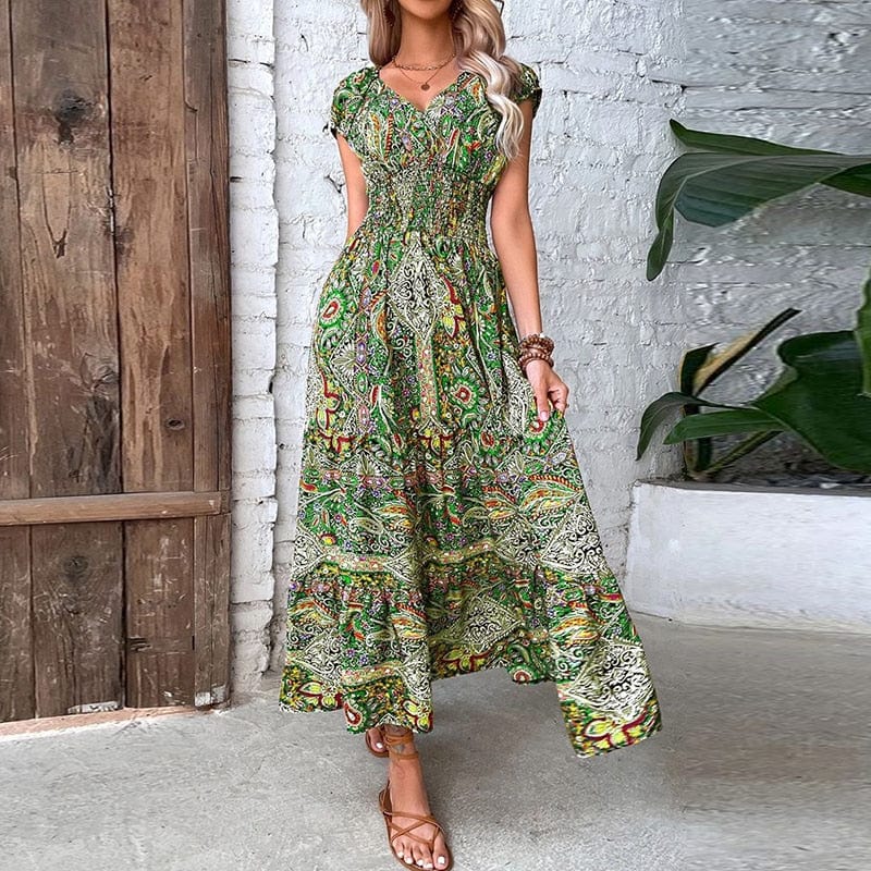 Model wearing a full-length women's ethnic print V-neck maxi dress, showcasing flowy summer style.