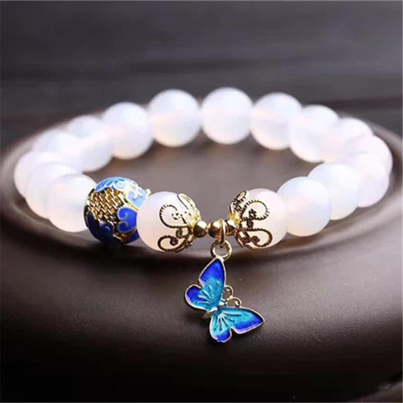 Women's Evelina spiritual white agate butterfly bracelet for harmony & protection, handmade