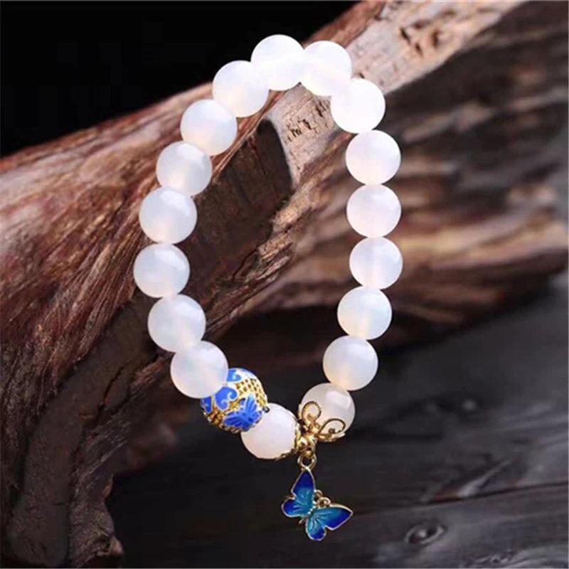 Gemstone butterfly bracelet for women, white agate for spiritual balance and protection