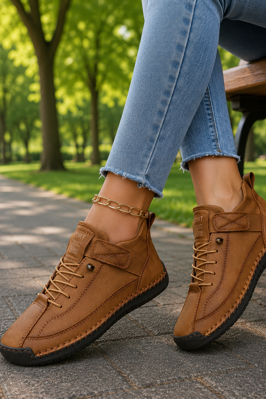 Stylish women's casual sneakers paired with a travel outfit, emphasizing everyday comfort.