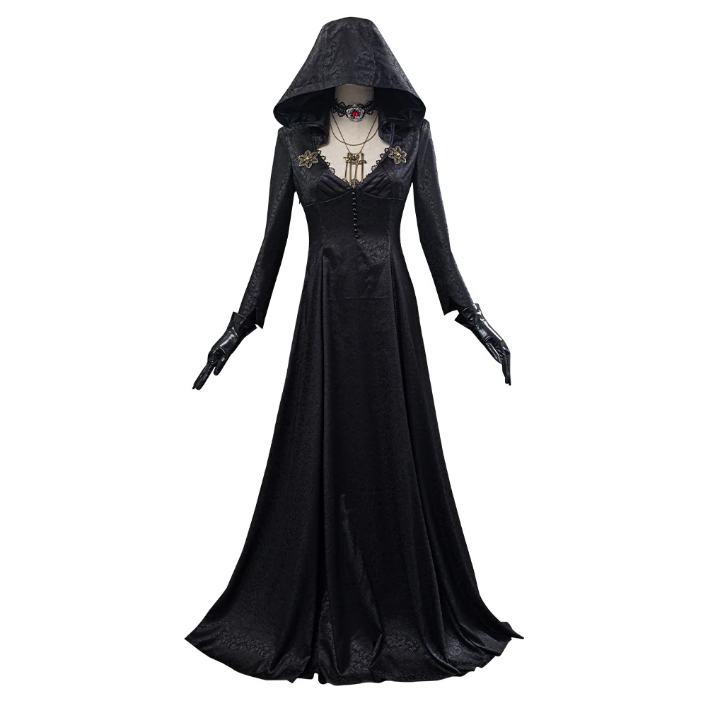 Detailed Evil Village Vampire Lady costume for women, elegant fantasy cosplay gown with dramatic sleeves & collar.