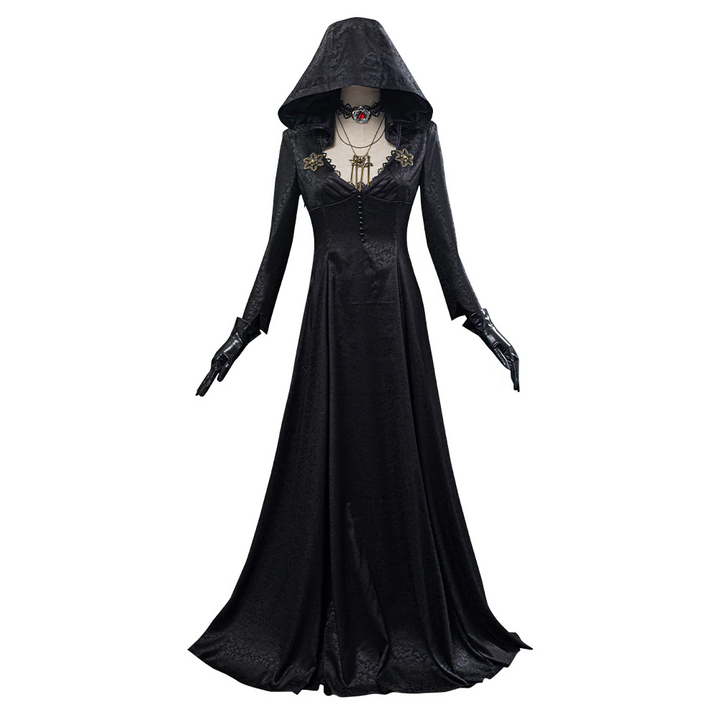 Detailed Evil Village Vampire Lady costume for women, elegant fantasy cosplay gown with dramatic sleeves & collar.