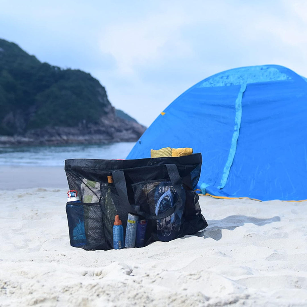 Extra-large women's mesh beach tote bag, sandproof and designed for family outings. Keep your beach items clean.