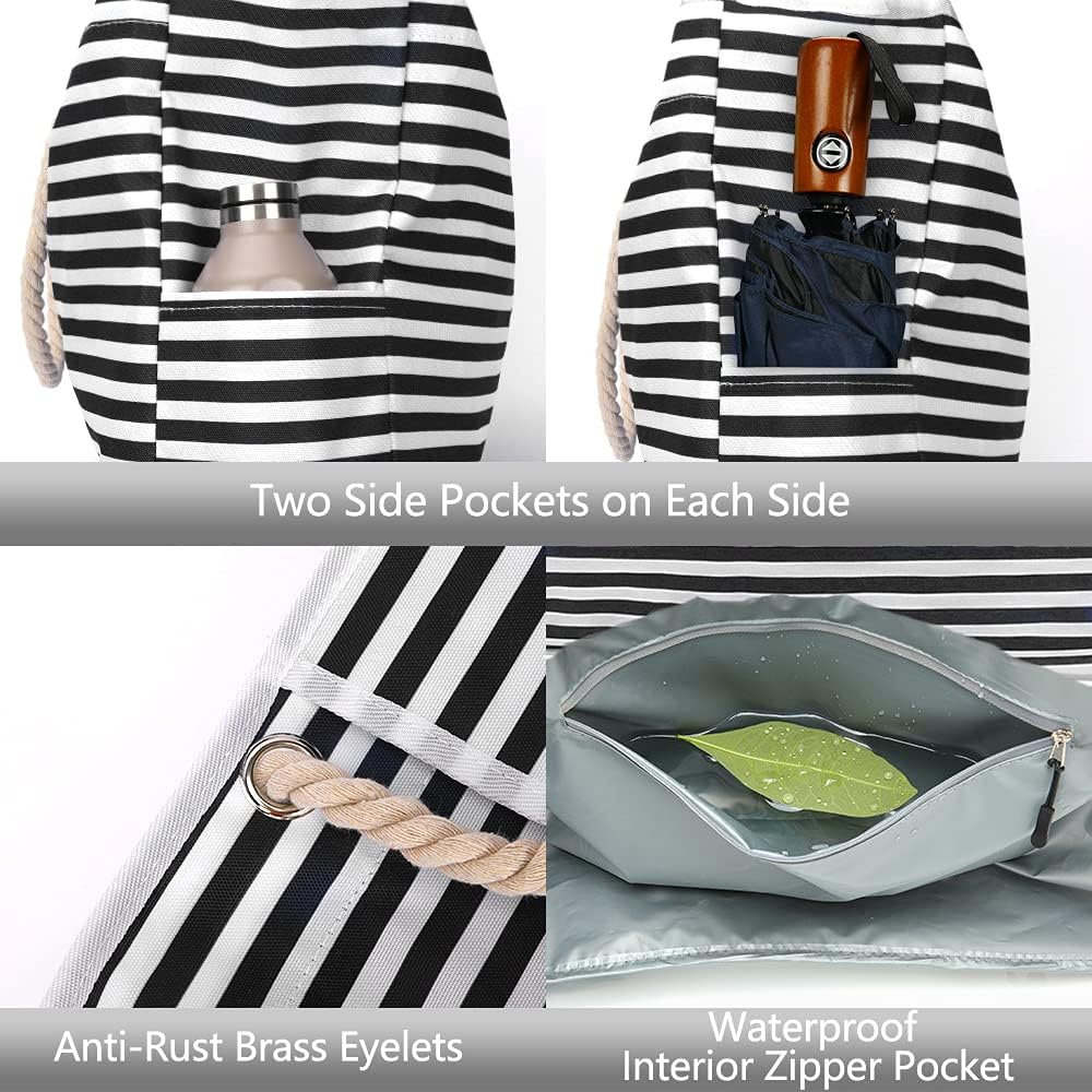 Stylish striped extra large women's beach tote. Durable, waterproof & sandproof. Comes with a bonus travel case.