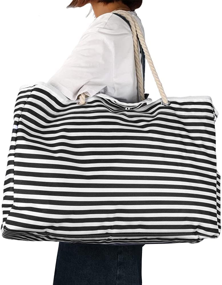Women's extra large waterproof beach tote with striped design and bonus travel case, ideal for summer