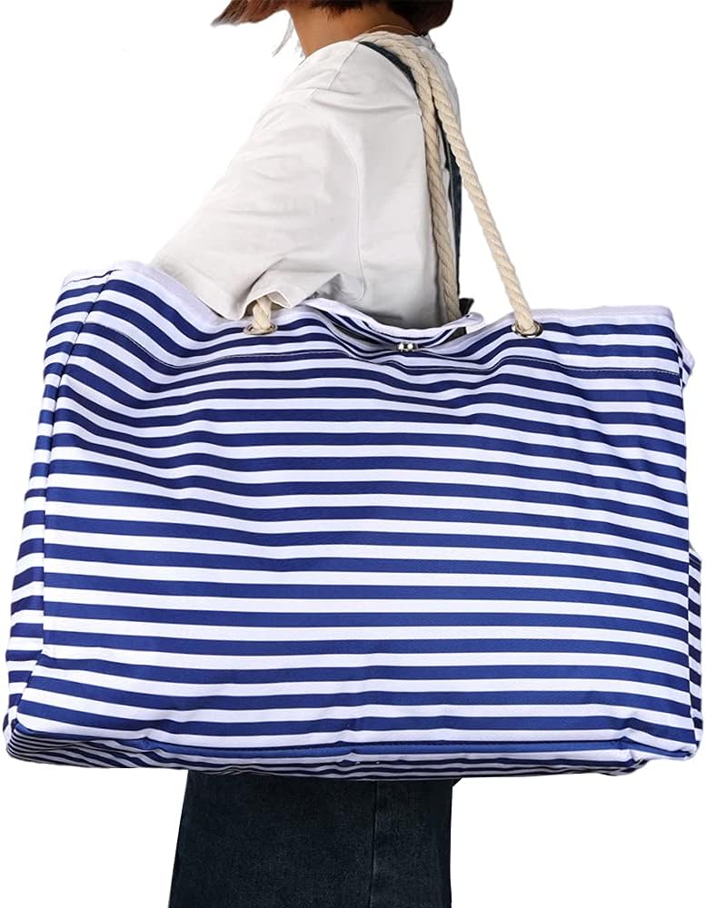 Women's fashion beach bag: extra large waterproof tote with elegant stripes, and a handy bonus case