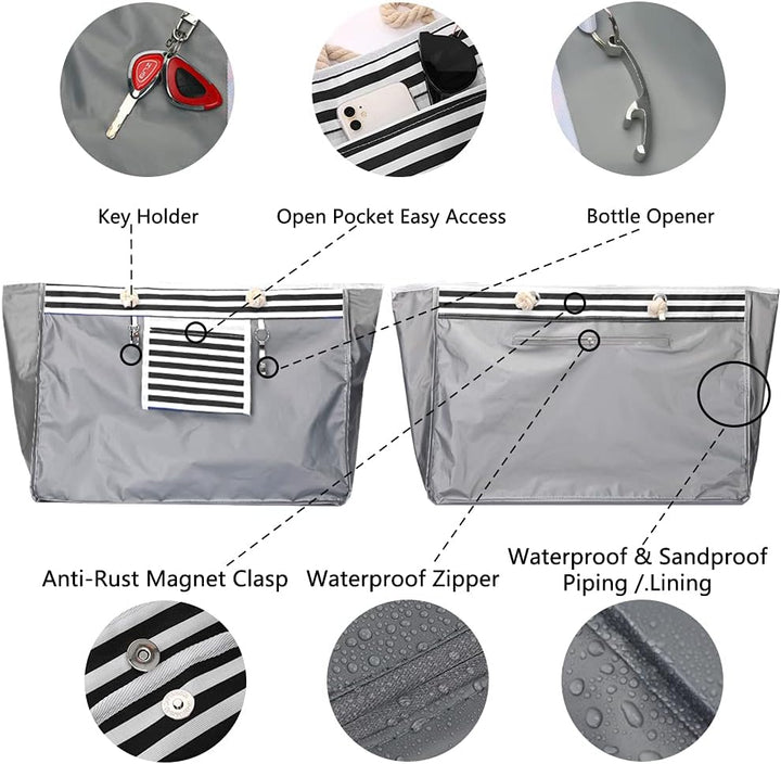CoastCarry extra large waterproof beach tote, blue and white stripes, includes matching bonus case for travel