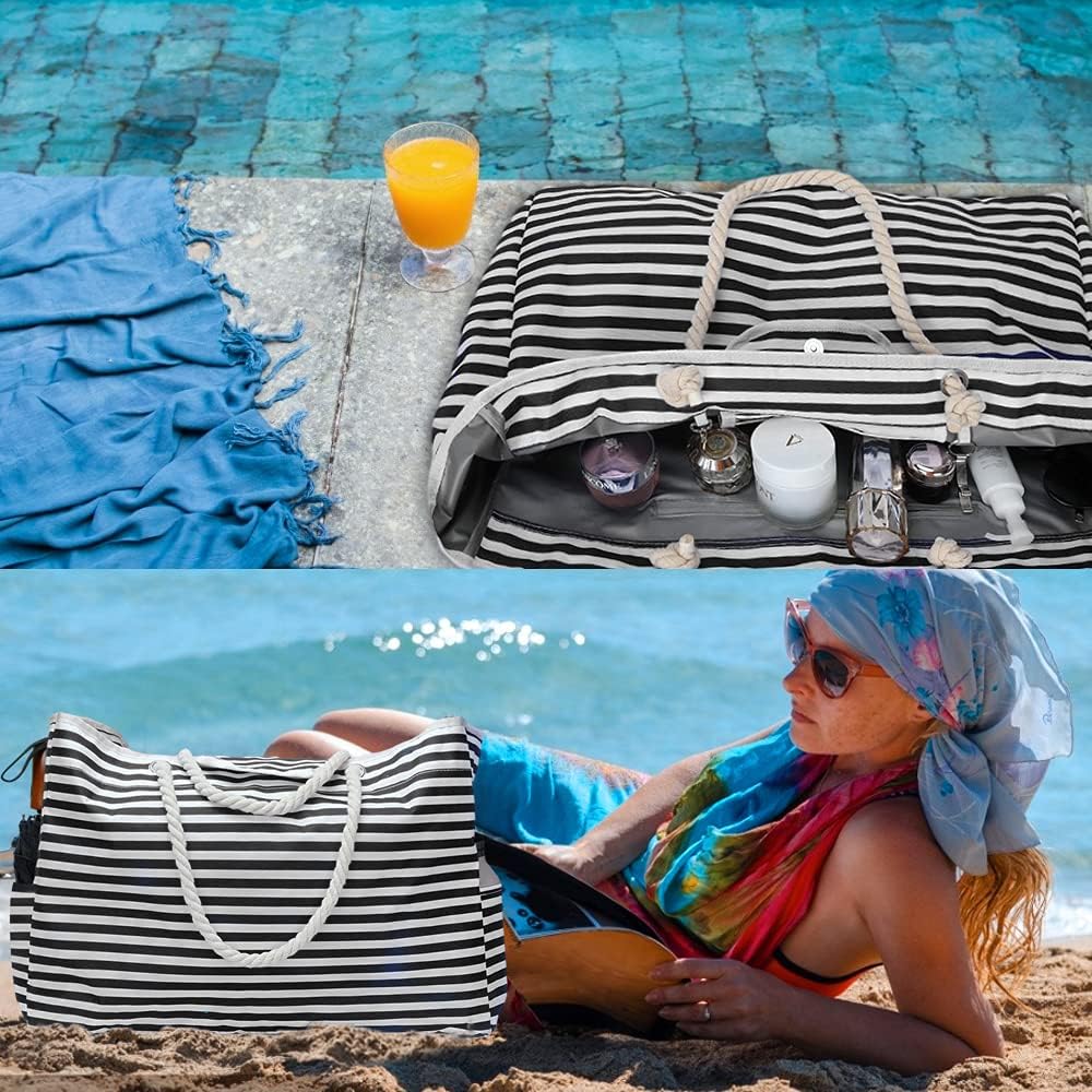 Waterproof beach bag set: extra large CoastCarry tote with classic stripes and a convenient bonus travel case