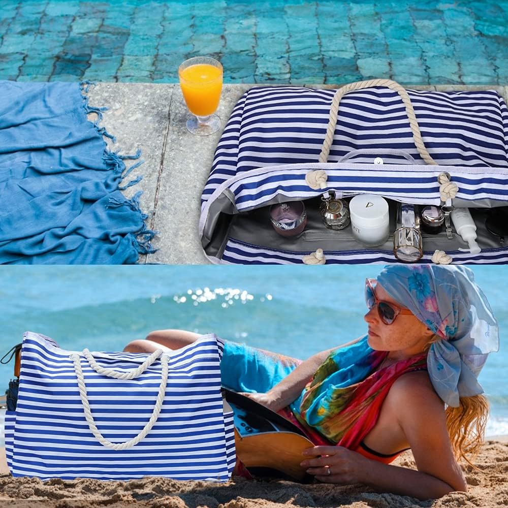 Detail of the durable waterproof material of the CoastCarry striped beach tote and bonus travel case set