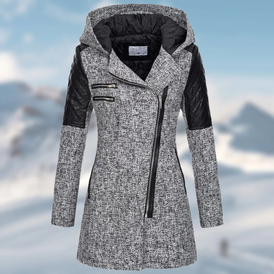 Full-length women's warm winter coat, elegant & practical outerwear with a protective hood for ultimate warmth.