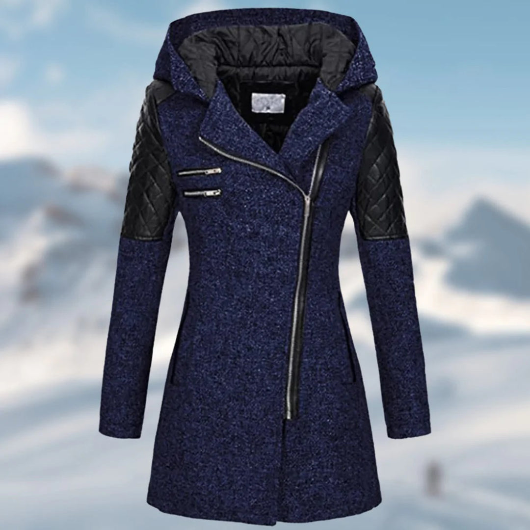 Women's warm long winter coat with a sturdy zipper and protective hood for secure cold weather wear.
