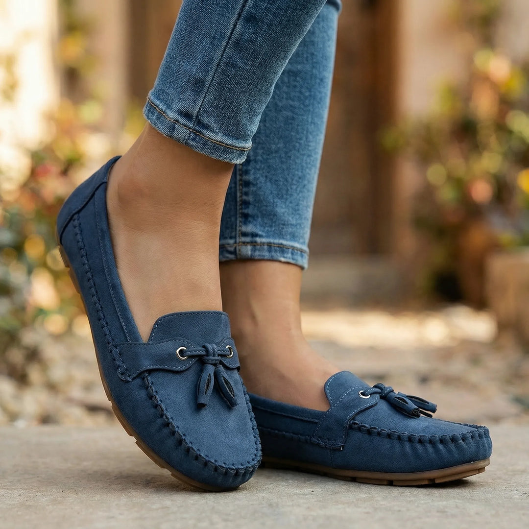 Classic charcoal grey wide fit slip-on loafers for women, ensuring all-day comfort & support.