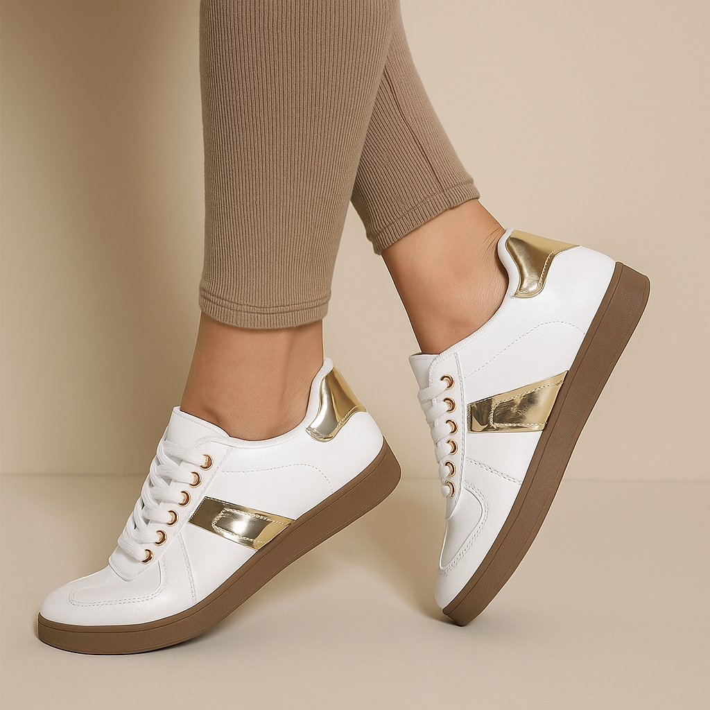 Stylish gold women's fashion sneakers, offering ultimate comfort for walking and casual everyday style.