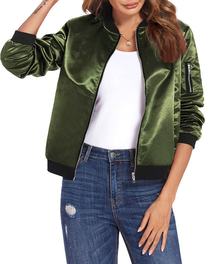 Back view of a women's solid color streetwear bomber jacket, a versatile long-sleeve outerwear for casual style.