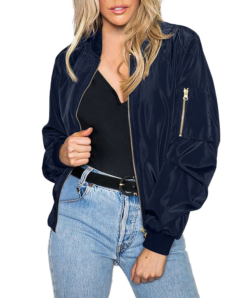 Women's urban style bomber jacket, a long-sleeve solid color outerwear perfect for fall fashion and winter layering.