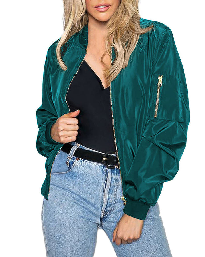 Side view of a women's chic streetwear bomber jacket, a trendy long-sleeve zip-up for fall and winter fashion.