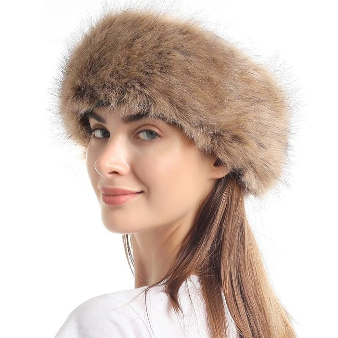 Women's faux fur winter headband, Olga, in black, soft, and stylish ear warmer