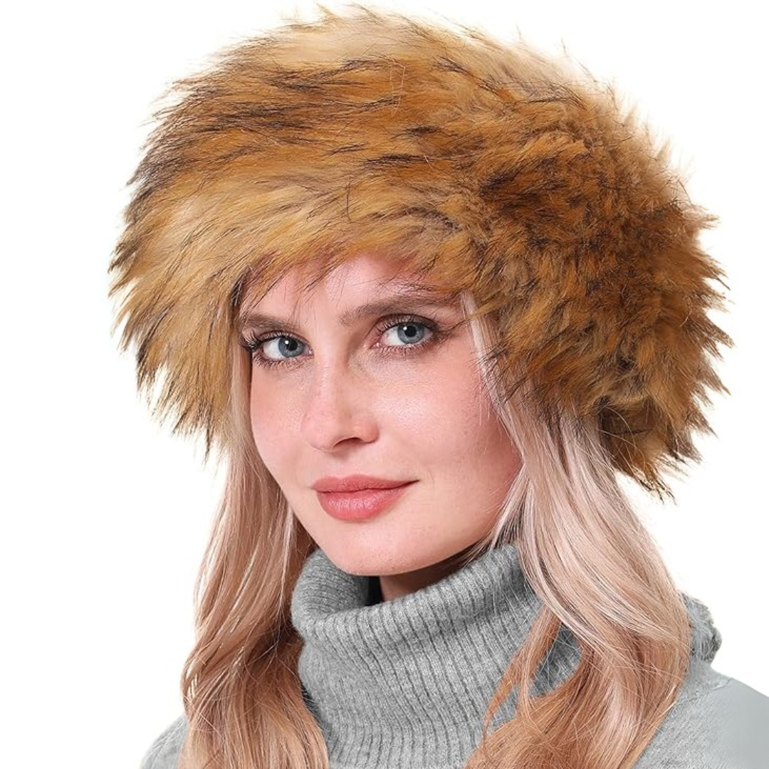 Stylish black faux fur headband, Olga, providing warmth as a winter ear warmer
