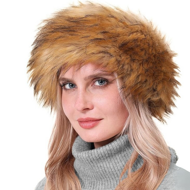 Stylish black faux fur headband, Olga, providing warmth as a winter ear warmer