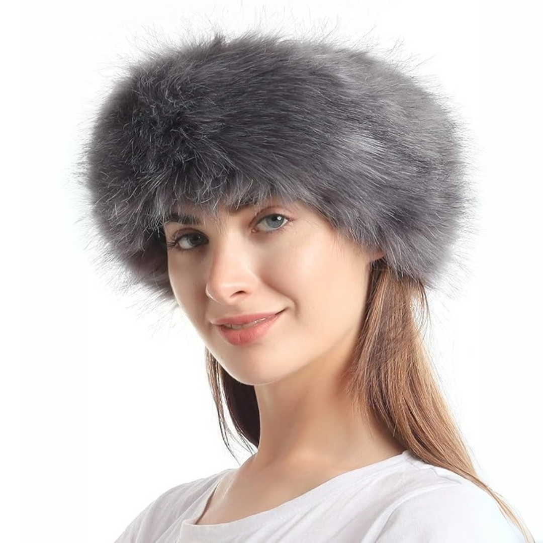 Close-up of Olga faux fur headband for women, showing soft texture and quality