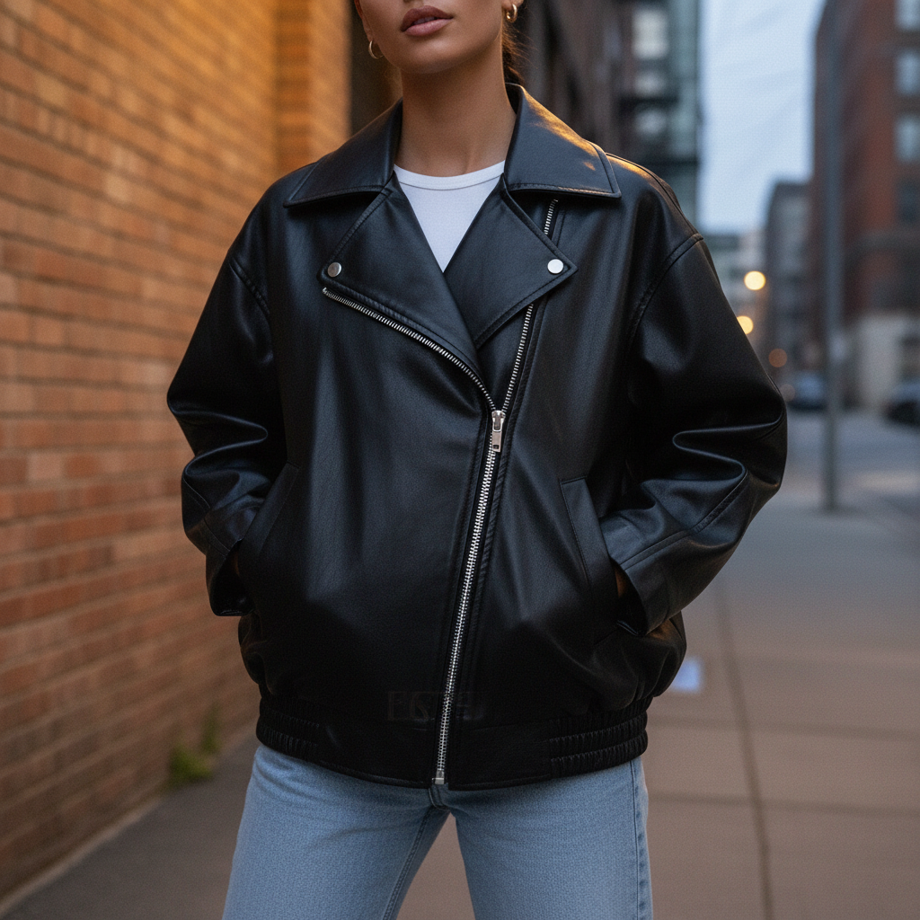 Women's faux leather motorcycle jacket, Stella, with asymmetrical zip and urban style for fall fashion