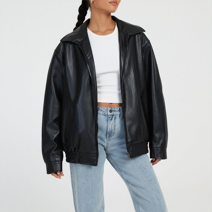 Faux leather biker jacket for women, Stella, featuring an asymmetrical front zip, perfect for casual outerwear