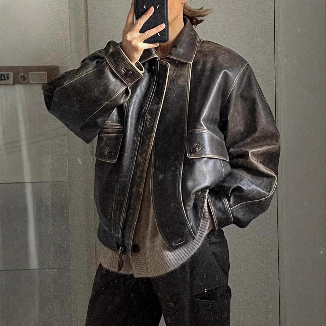 Women's faux leather retro jacket in brown, perfect for vintage street style.