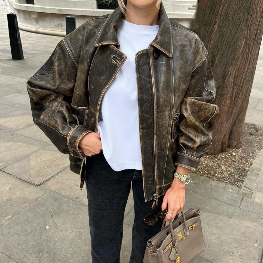 Vintage-inspired women's faux leather jacket, a must-have for retro fashion lovers.