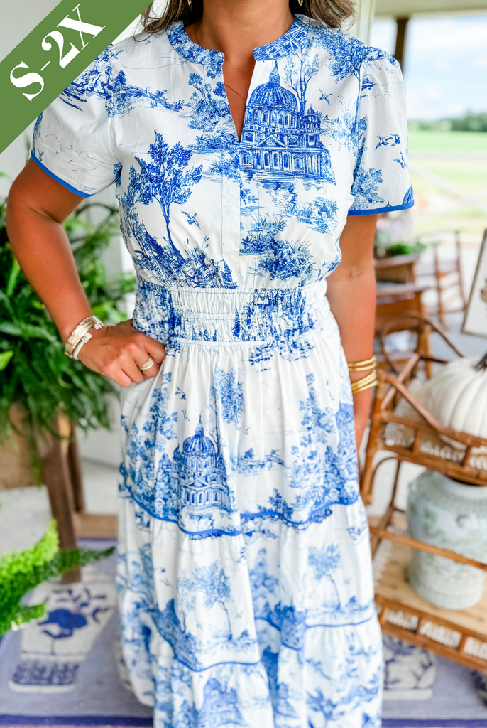 Versatile women's classic toile maxi dress, perfect for vacation. Elegant V-neck and smocked waist design.