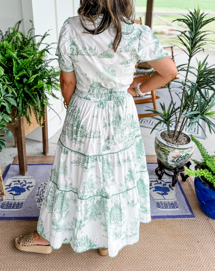 Women's Felicity Classic Toile Maxi Dress. Elegant V-neck, smocked waist, and flowing tiered skirt for comfort.