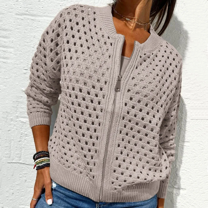 Comfortable women's Fenja zipper knit cardigan. Lightweight, relaxed fit, perfect layering piece for transitional season.