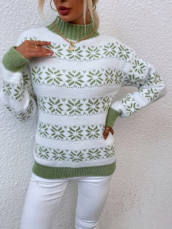 Women's festive Christmas sweater with classic holly berry design. Cozy mock neck pullover for holiday parties.