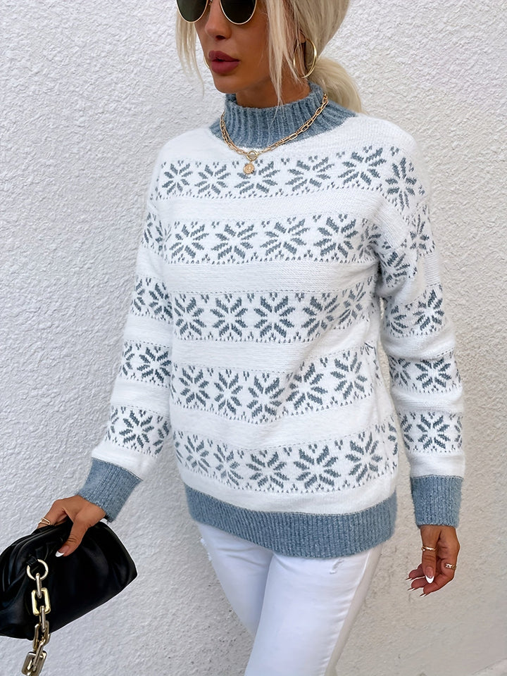 Festive women's holly Christmas sweater. Cozy mock neck long-sleeve pullover for winter holiday parties.