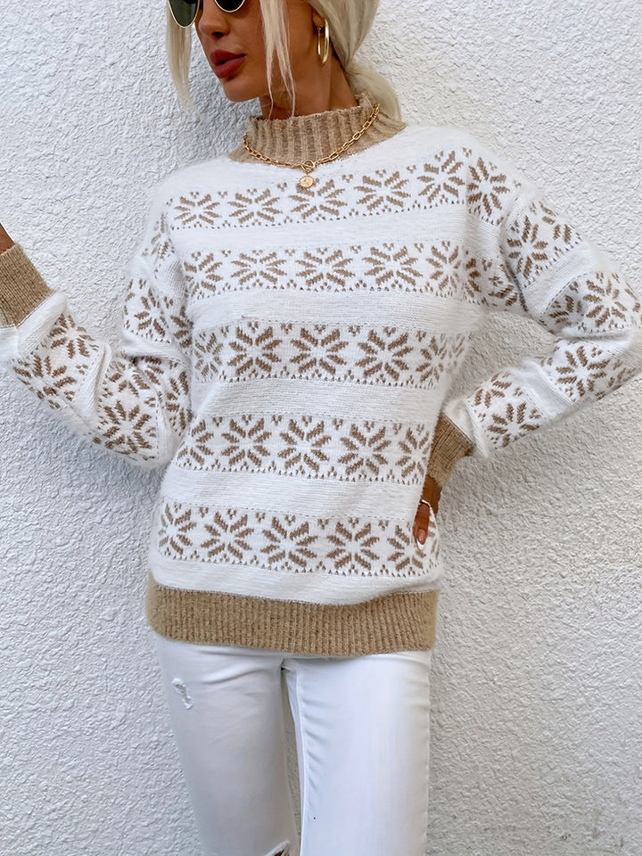 Women's long-sleeve Christmas sweater, mock neck. Festive holly & berries pattern. Perfect for holidays.