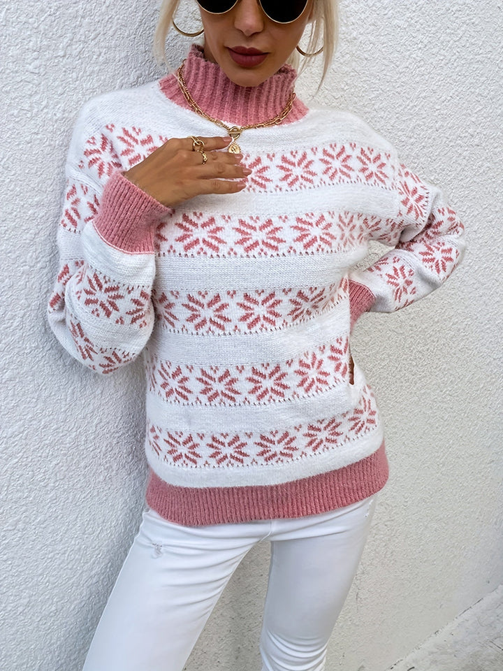 Casual women's festive holly Christmas sweater. Cozy long-sleeve pullover with mock neck for winter holidays.