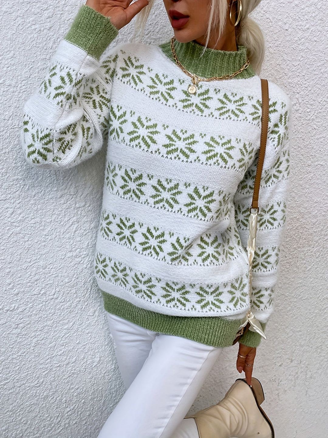 Women's festive Christmas sweater with mock neck & holly design. Perfect cozy pullover for holiday celebrations.
