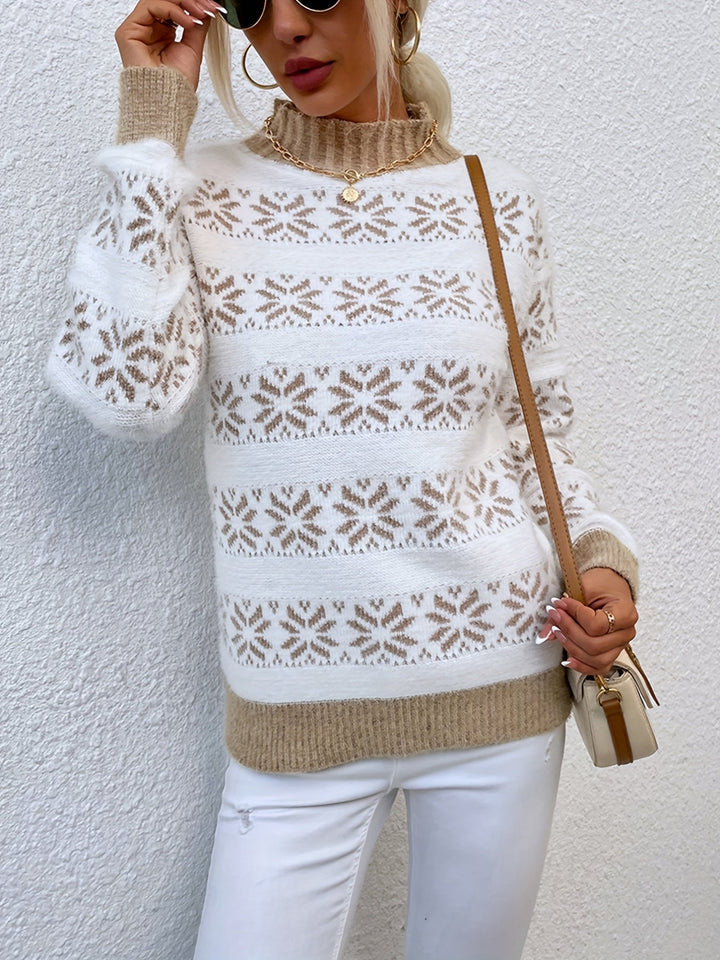 Holiday-themed women's sweater: festive holly, long sleeves, mock neck. Cozy casual Christmas pullover.