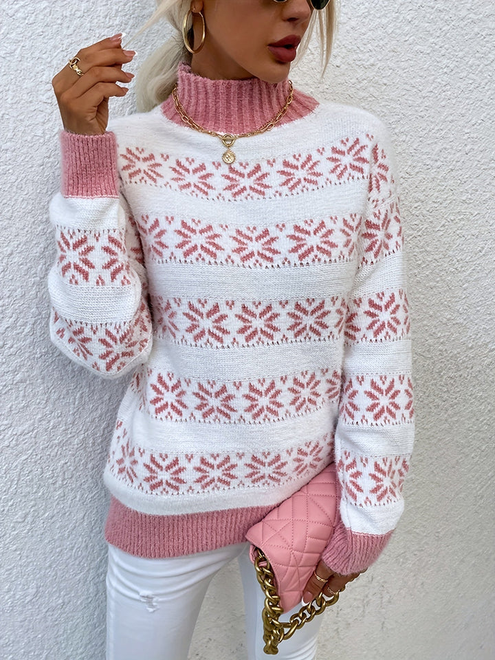 Stylish women's festive holly Christmas sweater. Cozy mock neck pullover, long sleeves for winter holiday fashion.