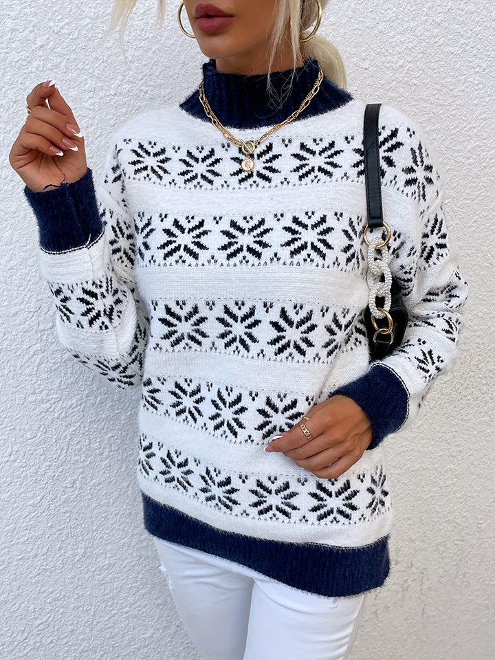 Women's Christmas sweater, festive holly & berry pattern. Cozy mock neck long-sleeve pullover for holidays.